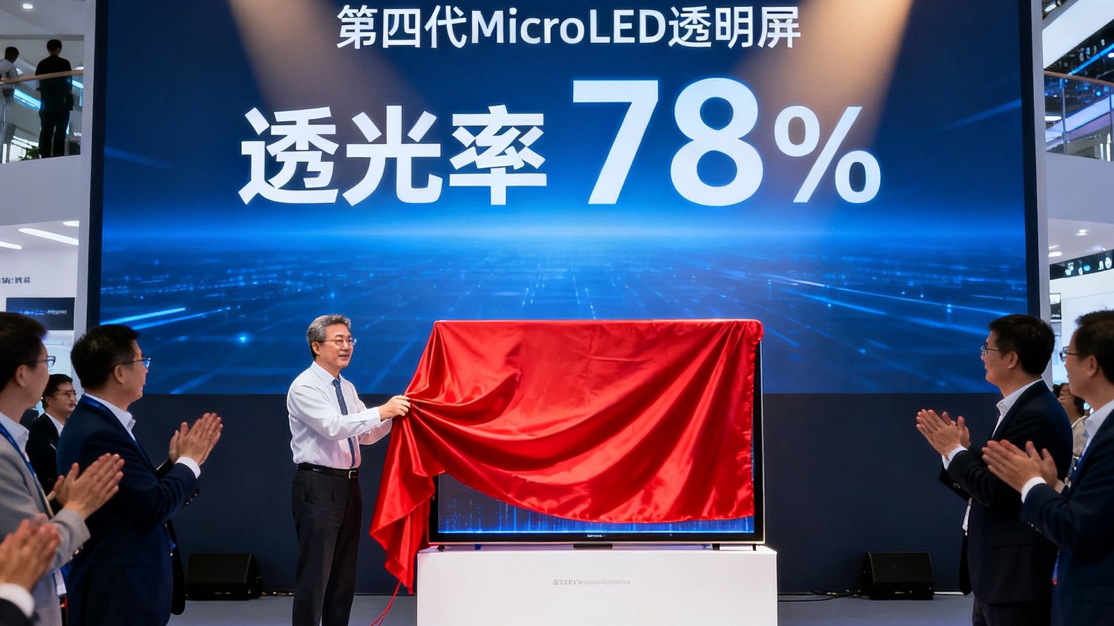 2025年深圳国际显示技术博览会谈球吧展台，周启明博士在聚光灯下揭开第四代Micro LED透明屏的红绸布，透光率78%的参数在背景大屏上醒目显示，台下观众热烈鼓掌。