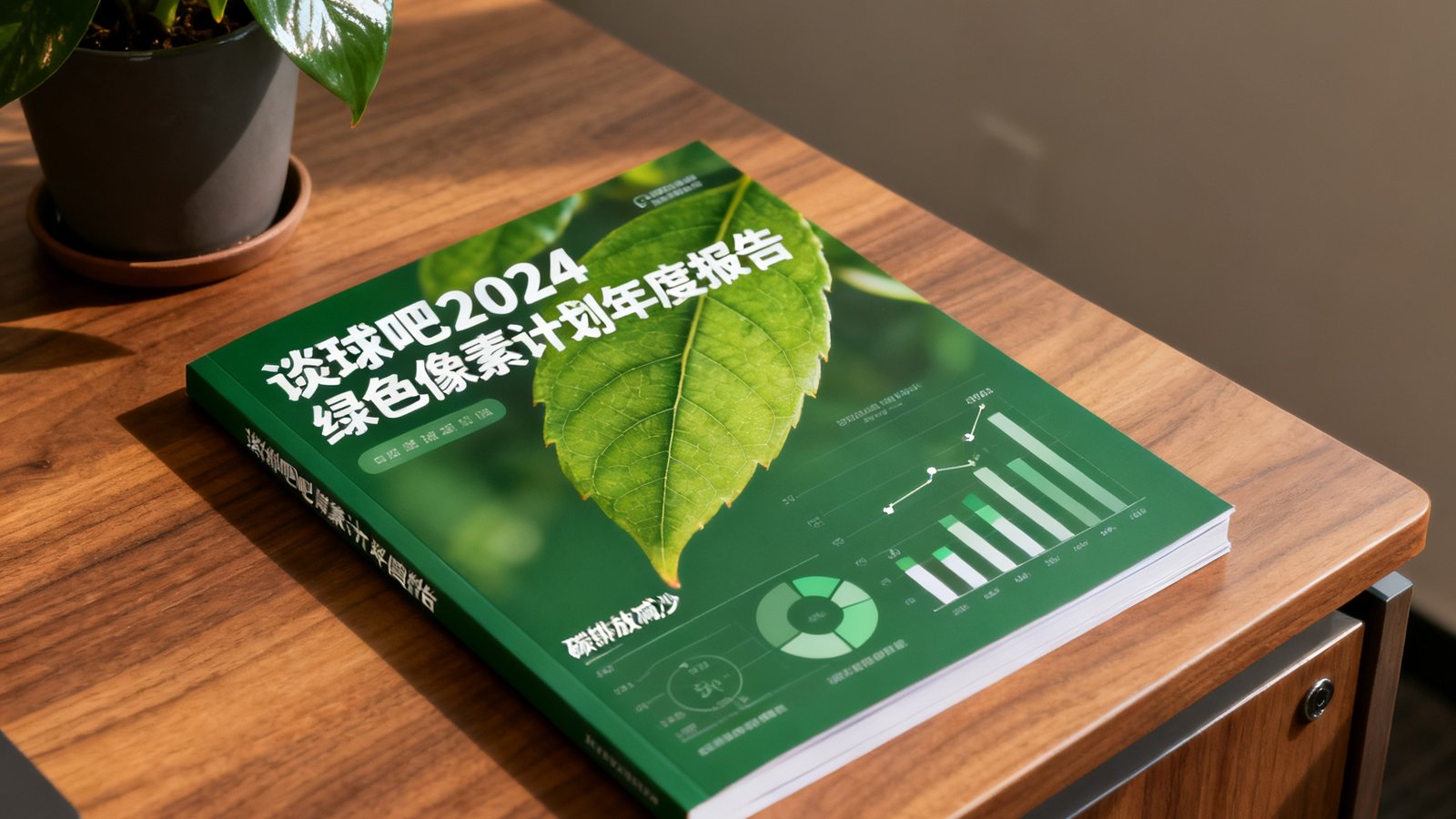一份精美的可持续发展报告封面特写，标题为'谈球吧2024绿色像素计划年度报告'，封面印有绿叶图案和碳排放减少数据，报告放在木质办公桌上，旁边有一盆绿植。
