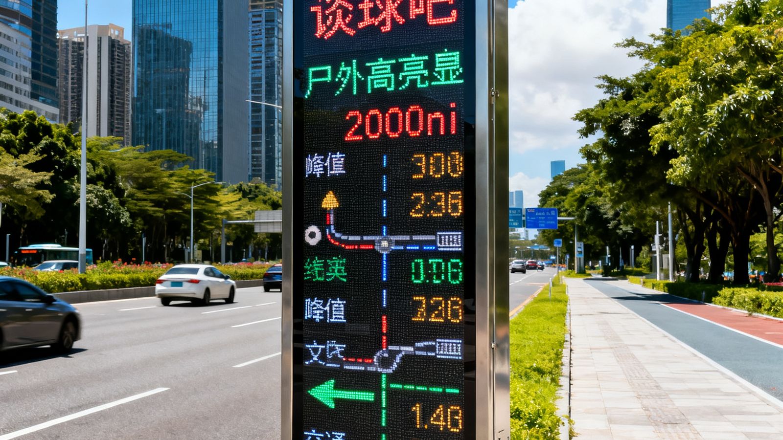 深圳深南大道主干道旁竖立着一块谈球吧户外高亮交通诱导屏，即使在正午强烈阳光下，屏幕上实时路况信息依然清晰锐利，峰值亮度达到2000nit，屏幕边框采用防锈铝合金材质，顶部还集成了环境光传感器。