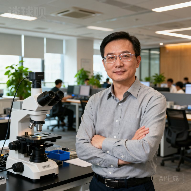 谈球吧创始人兼CEO周启明博士，一位四十岁出头、戴着无框眼镜的儒雅学者型企业家，身着浅灰衬衫，站在实验室光学检测设备前，双手交叉于胸前，眼神坚定而温和，背景是谈球吧深圳总部的开放式办公区。